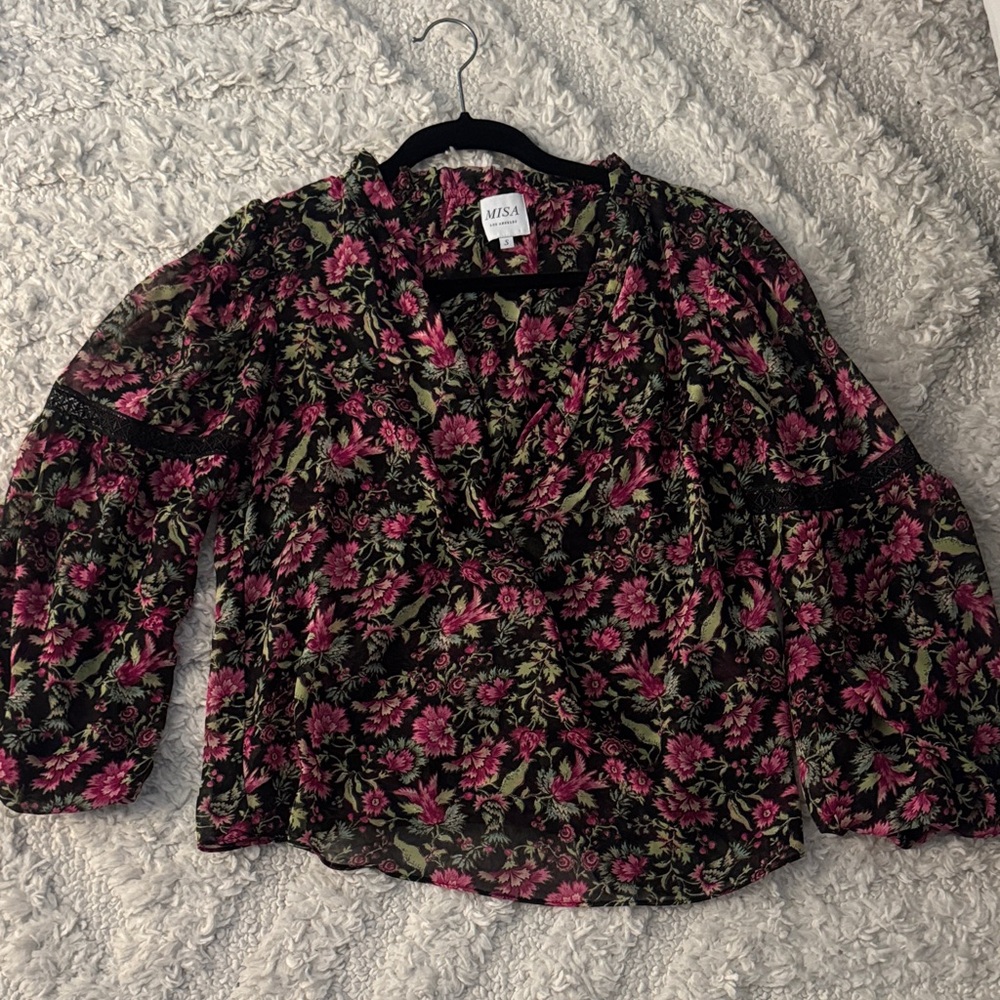 Misa Los Angeles Black and Pink Floral Blouse